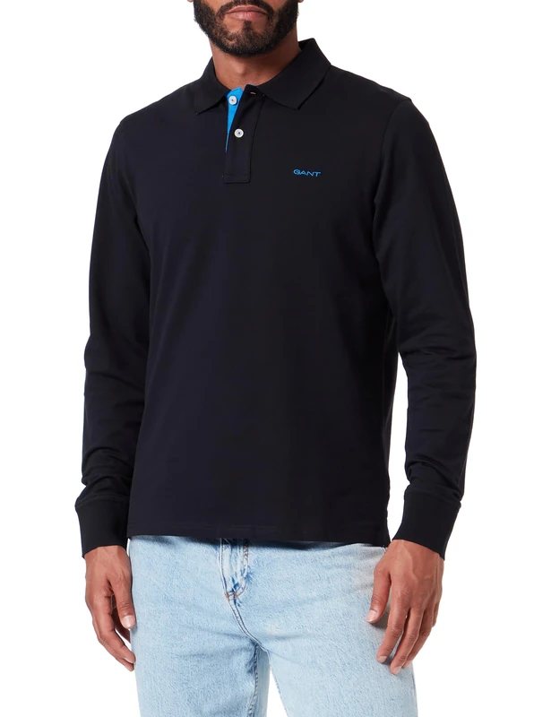 GANT Men's REG Contrast Pique LS Rugger Polo Shirt, Black, Standard, Black, XXXXX-Large
