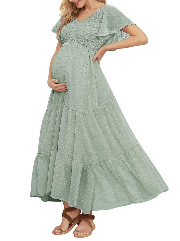 guruixu Swiss Dot Maternity Dress, V Neck Ruffle Sleeve Maternity Dresses for Photoshoot Baby Shower, Smocked Tiered Pregnancy Dress, Light Green, M