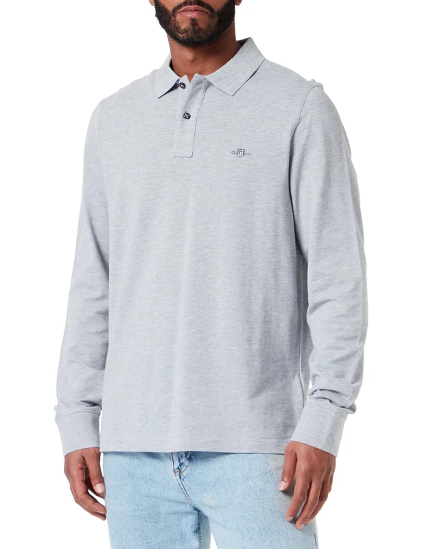 GANT Men's Reg Shield LS Pique Rugger Polo Shirt, Grey Melange, XXL