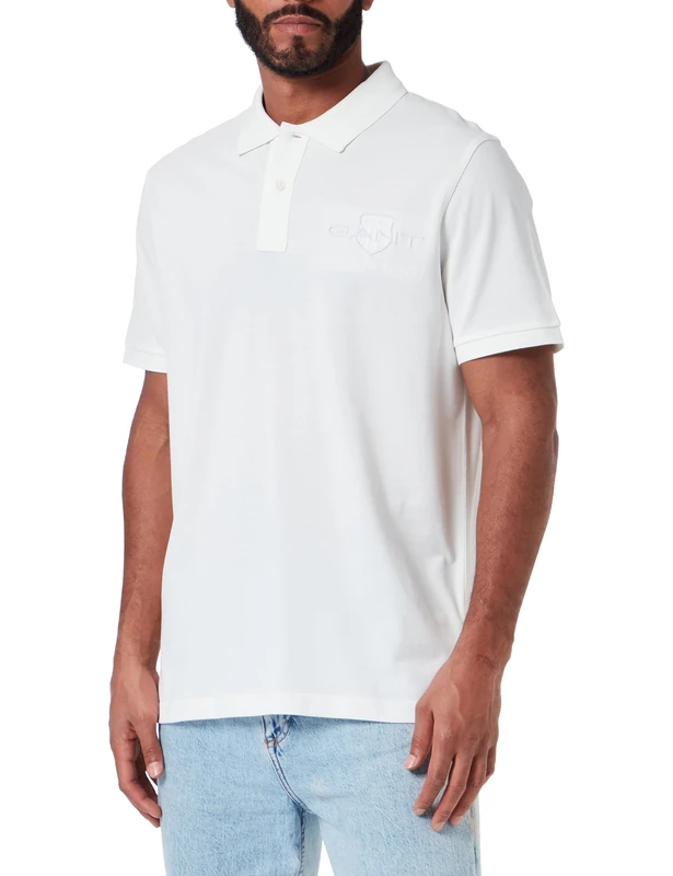 GANT Men's Reg Tonal Shield SS Rugger Shirt, Eggshell, S