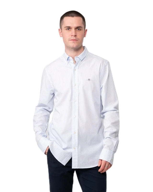 GANT Men's Slim Poplin Stripe Shirt with Stripes Slim Fit, Light Blue, XL