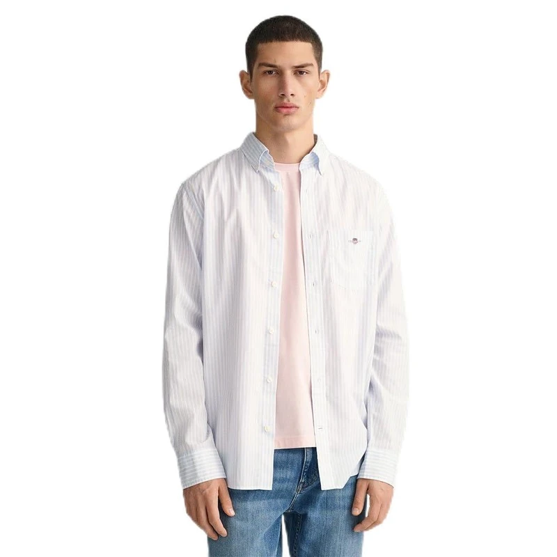 GANT Men's Reg Poplin Stripe Shirt, Light Blue, L
