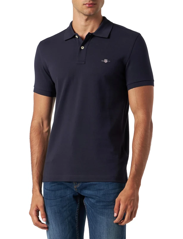 GANT Men's Slim Shield SS Pique Polo Shirt, Evening Blue, L