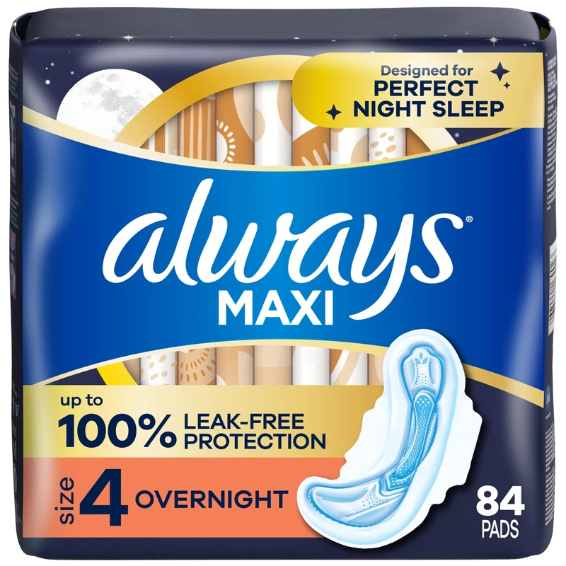 Always Maxi Overnight Pads with Wings for Women, Size 4, Overnight Absorbency, Unscented, 84 Count (3 Packs of 28)