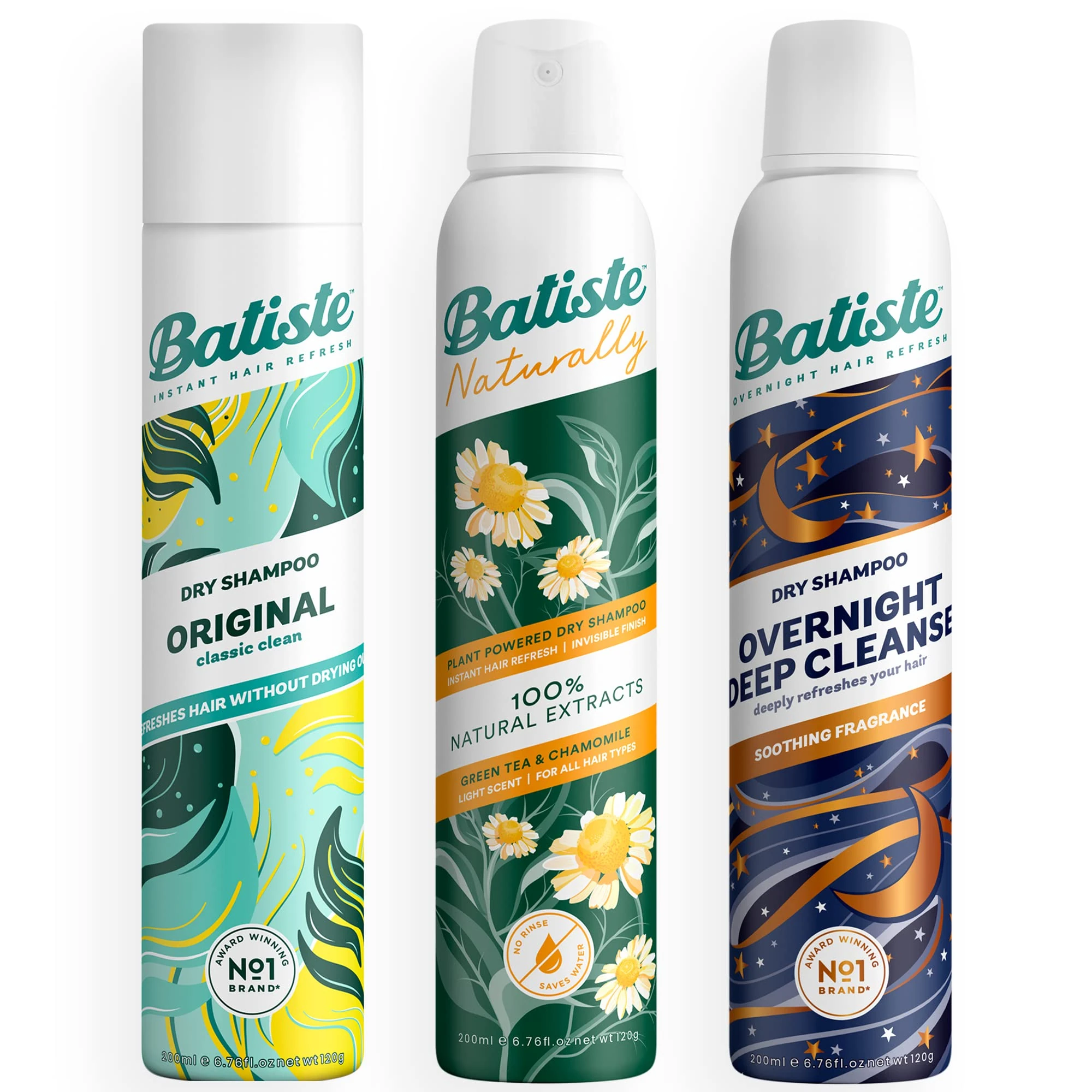 Batiste OG's Dry Shampoo Bundle - 3-Pack Dry Shampoo Variety Bundle for Day and Night Hair Care: Original, Naturally, and Overnight Deep Cleanse - 3 x 200ml