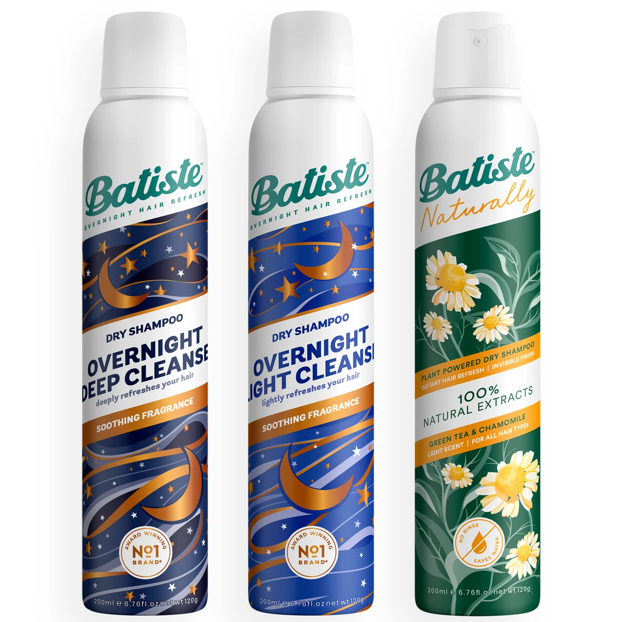 Batiste Hit Snooze Bundle - 3-Pack Dry Shampoo Variety Bundle for Effortless Overnight Cleansing and Refreshed Hair: Naturally, Overnight Light Cleanse, and Overnight Deep Cleanse - 3 x 200ml