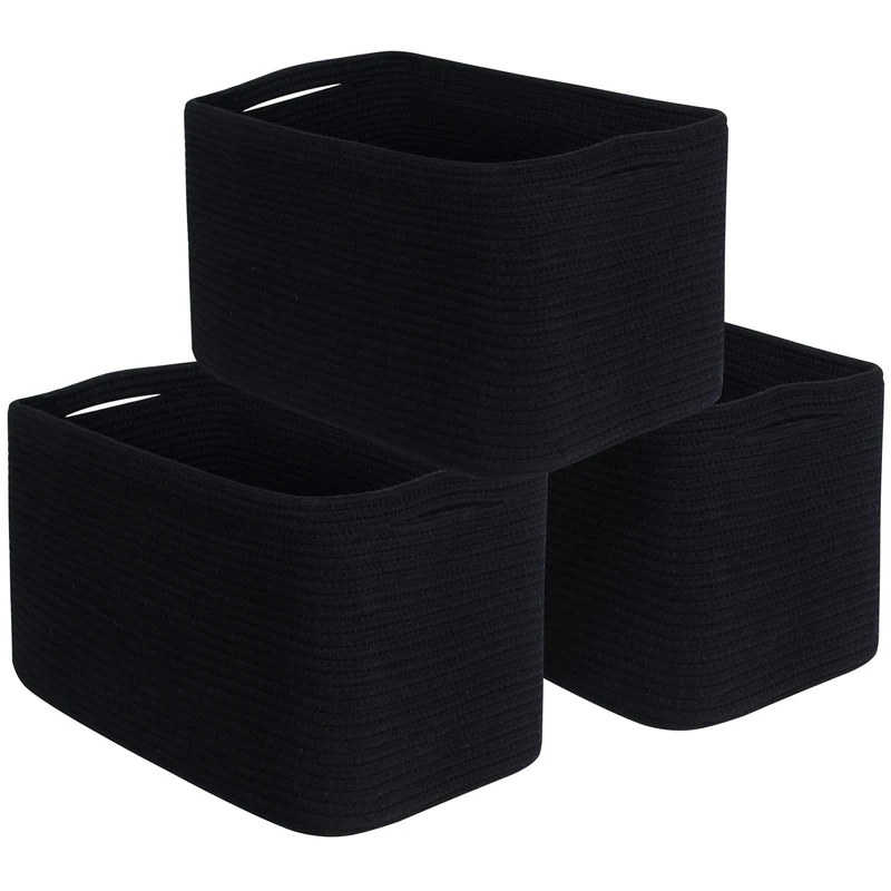 MINTWOOD Design 3-Pack Storage Baskets for Shelves, Playroom and Classroom, Book Basket, Decorative Storage Cube Bins, Woven Closet Organizers, Pantry and Shoe Organizer, Full Black