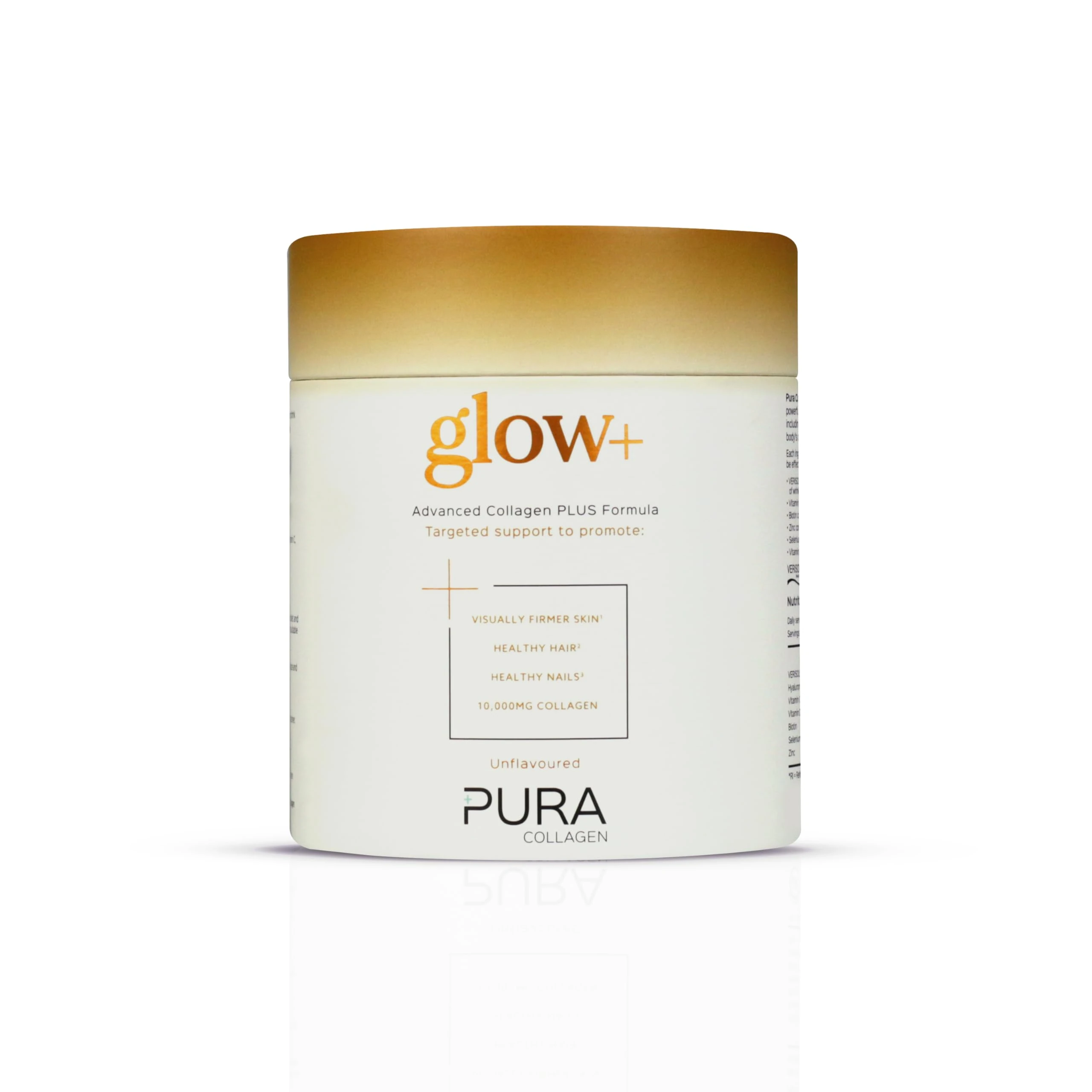 Pura Collagen Powdered Supplement Glow+, Hydrolysed Peptides, Hyaluronic Acid, Vitamins & Minerals, 12 Servings, 122 g Mini Tub