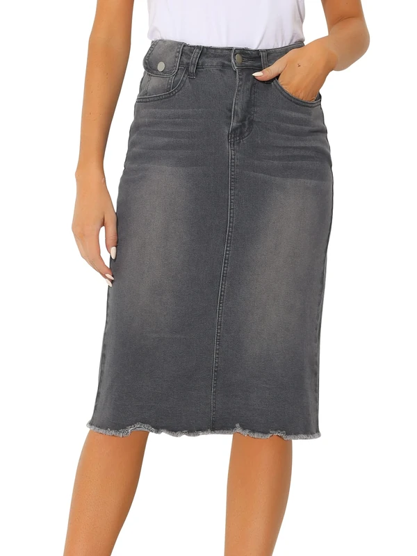 Allegra K Women's Casual Jean Skirt High Waist Back Slit Stretch Denim Skirts, Grey, XL