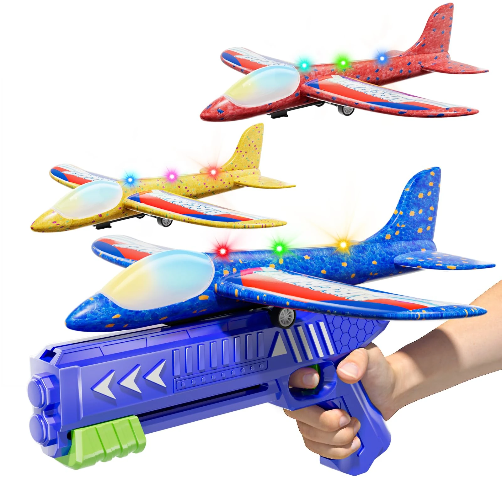 Doloowee 3 Pack Airplane Launcher Toys, 12.6 Inch LED Foam Glider Airplane Catapult, 2 Flight Modes, Outdoor Sports Flying Toys 4 5 6 7 8 9 10 11 12 Years Old Boys Girls Birthday Gifts (Blue)
