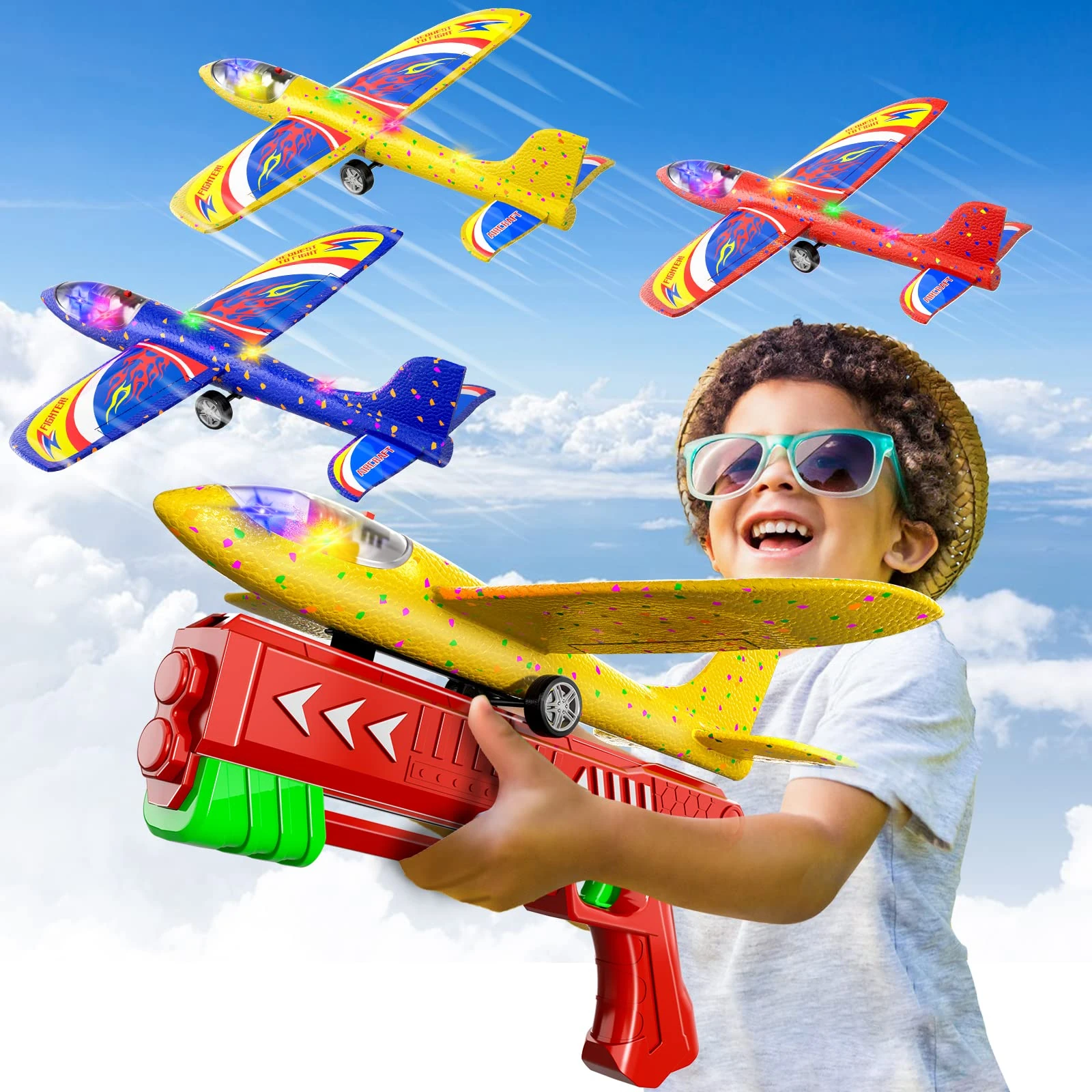 Doloowee 3 Pack Airplane Launcher Toys, 12.6 Inch LED Foam Glider Airplane Catapult, 2 Flight Modes, Outdoor Sports Flying Toys 4 5 6 7 8 9 10 11 12 Years Old Boys Girls Birthday Gifts (Red)