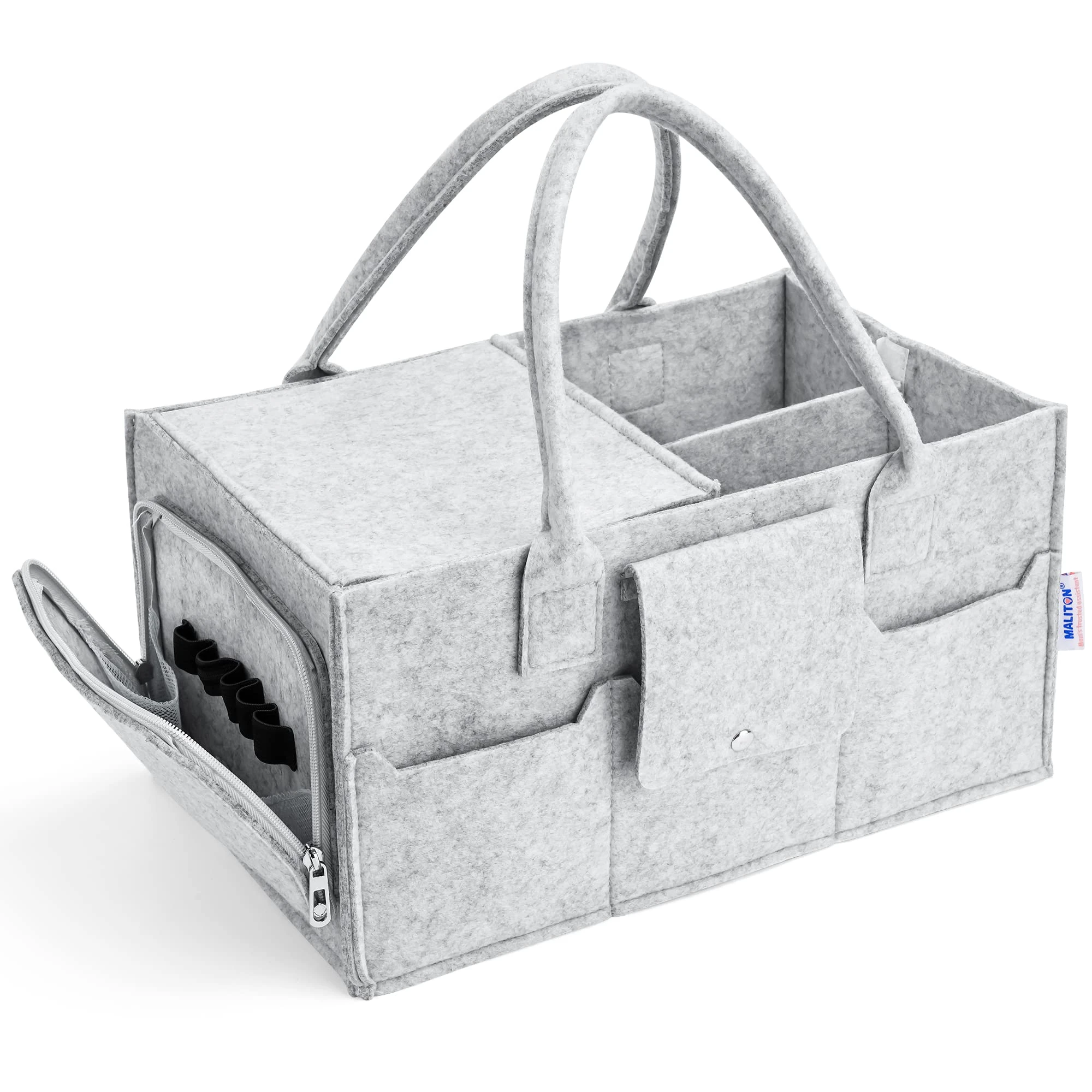Maliton Nappy Caddy with Lid - Sturdy Portable Washable Diaper Organizer, Sturdy Portable Washable Baby Caddy with Detachable Compartments. Nappy Organiser, Baby Shower Gifts for Mum,Grey