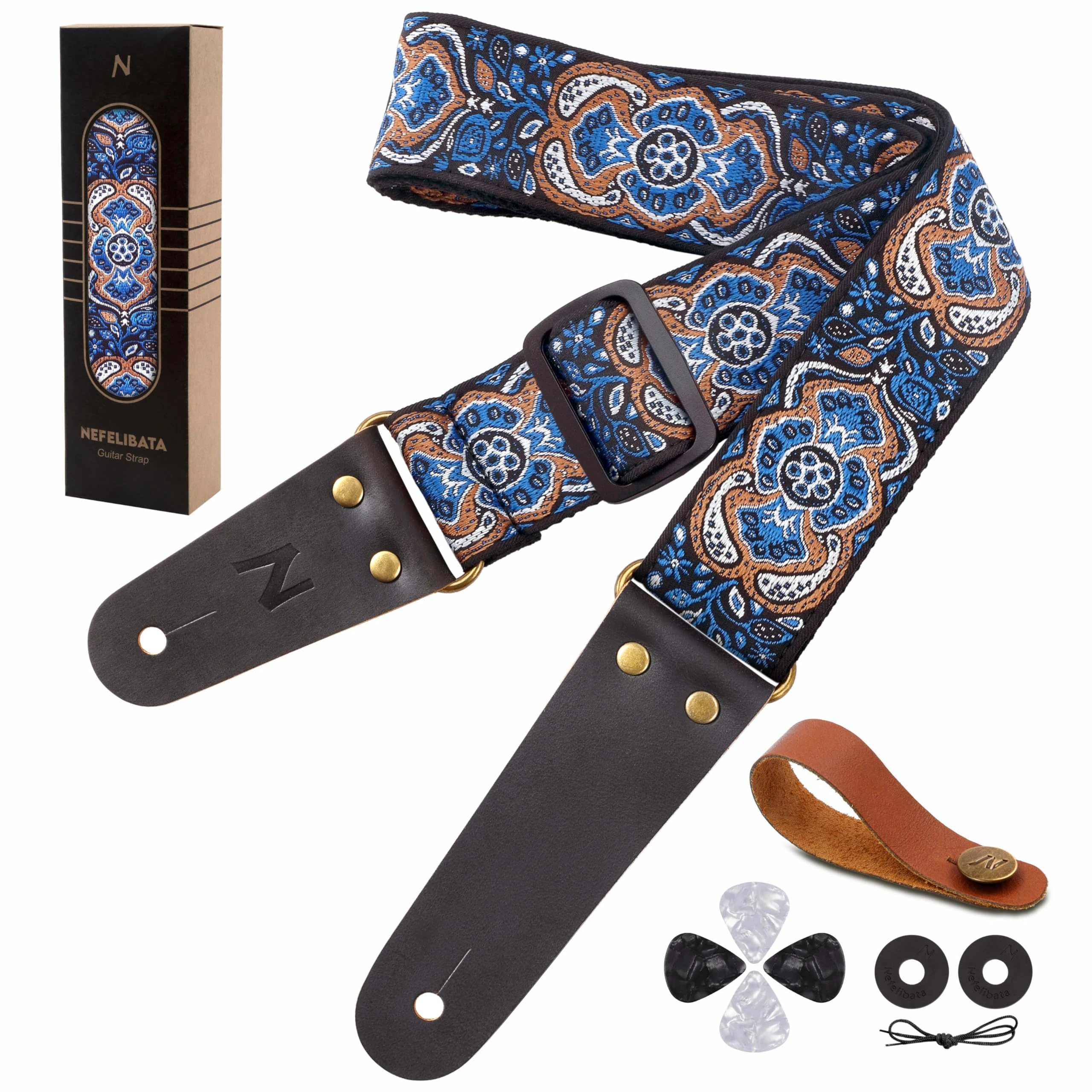 Nefelibata Guitar Strap, Vintage Embroidered Cotton Guitar Straps with Genuine Leather Ends for Bass, Electric & Acoustic Guitars, Come with Free Strap Button, 1 Pair Strap Locks and 4 Guitar Picks