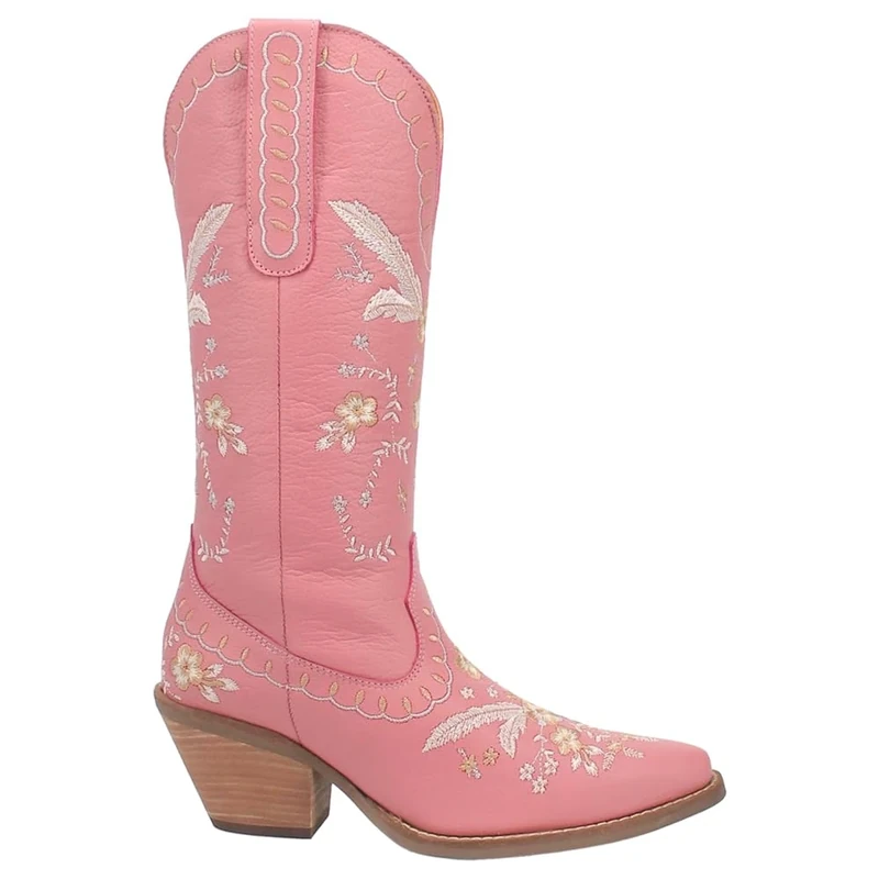 Dingo Womens Full Bloom Floral Round Toe Casual Boots Knee High Mid Heel 2-3" - Black, Pink, 5.5 UK