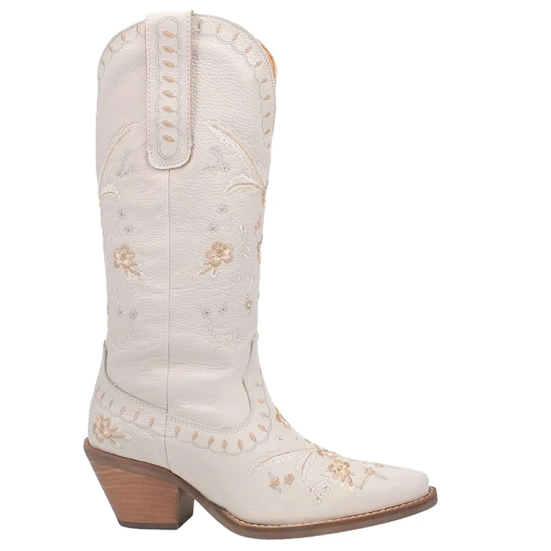 Dingo Womens Full Bloom Floral Round Toe Casual Boots Knee High Mid Heel 2-3" - Black, White, 6.5 UK