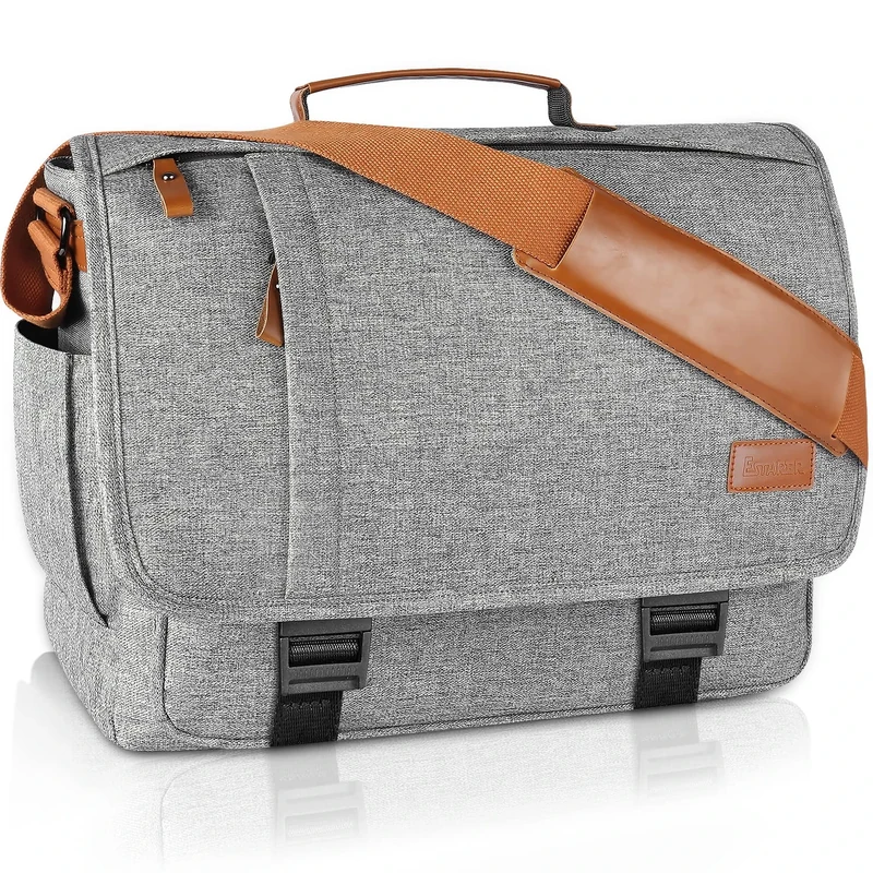 Estarer Laptop Messenger Shoulder Bag 17.3 Inch Mens Water Resistant Canvas Satchel Briefcase for Work Office (Light Grey)