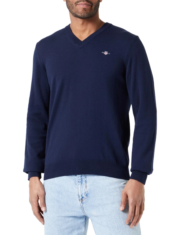 GANT Men's Md. Extrafine Lambswool V-Neck Pullover, Evening Blue, S