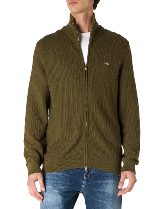 GANT Men's Cotton Pique Zip Cardigan Cardigan Sweater , Juniper Green,4XL