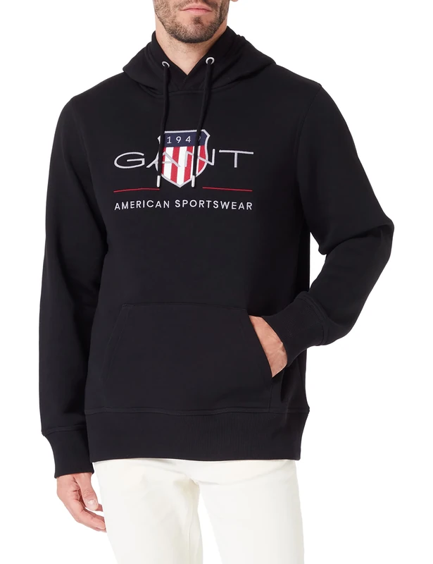 GANT Men's REG Archive Shield Hoodie, Black, Standard, black, XS