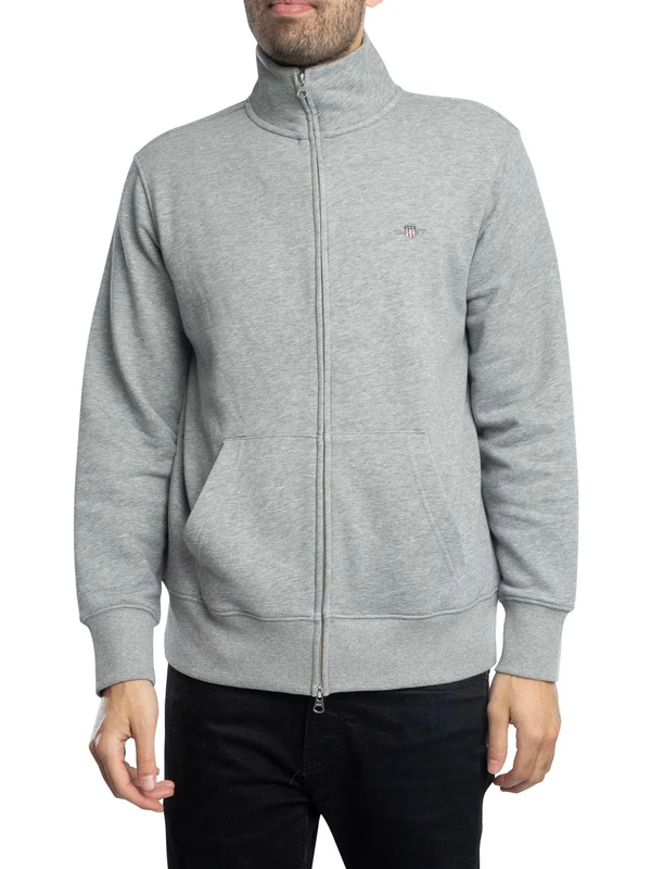 GANT Men's REG Shield Full Zip Sweatshirt, Grey Melange, Standard, grey melange, XL