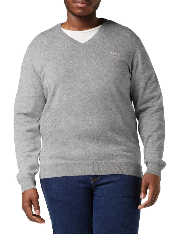 GANT Men's Classic Cotton V-Neck Pullover, Dark Grey Blend, S