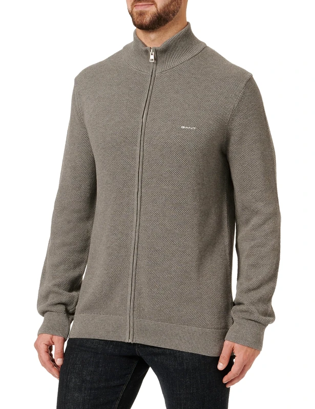 GANT Men's Cotton Pique Zip Cardigan, Dark Grey Melange 1, M
