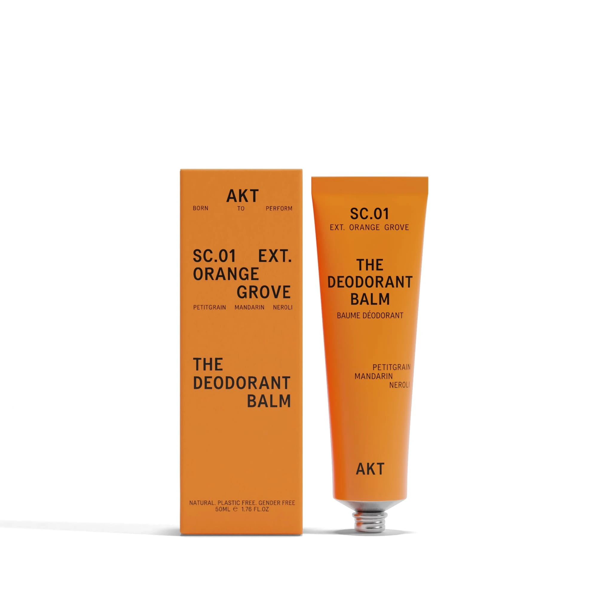 AKT, THE DEODORANT BALM. Award winning, multi-use, natural deodorant. Plastic Free. Gender Free. Aluminium Free. 100% effective — 1 tube lasts up to 3 months. SC.01 ORANGE GROVE. 50ml