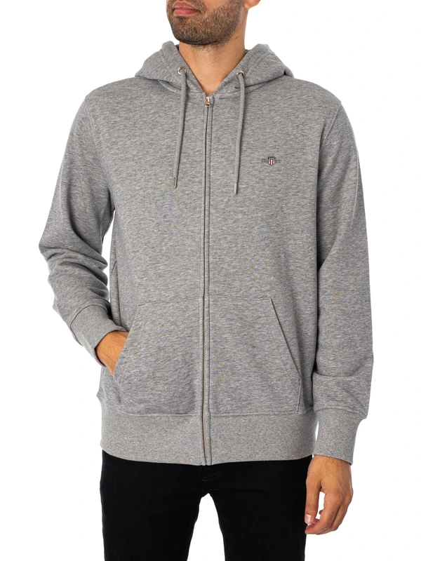 GANT Men's REG Shield Full Zip Hoodie, Grey Melange, Standard, grey melange, XXXXL