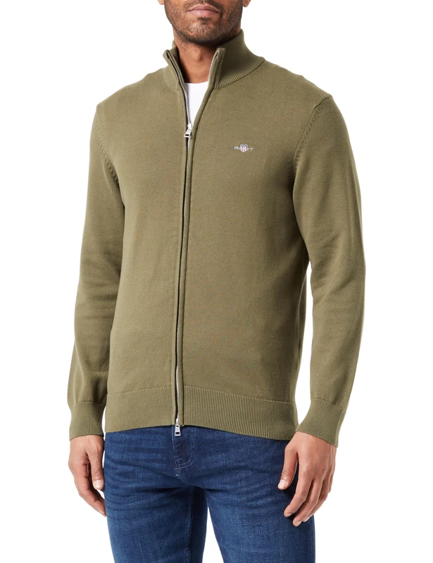 GANT Men's Casual Cotton Zip Cardigan, Juniper Green, Standard, Juniper Green, XL
