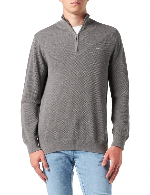 GANT Men's Cotton Pique Half-Zip Pullover, Dark Grey Melange, Standard, Dark grey blend, X-Small