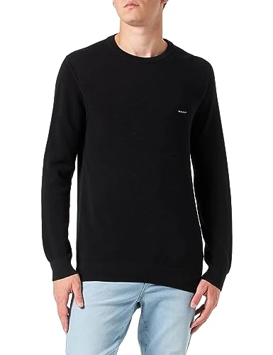 GANT Men's Cotton Pique C-Neck Pullover, Black, L