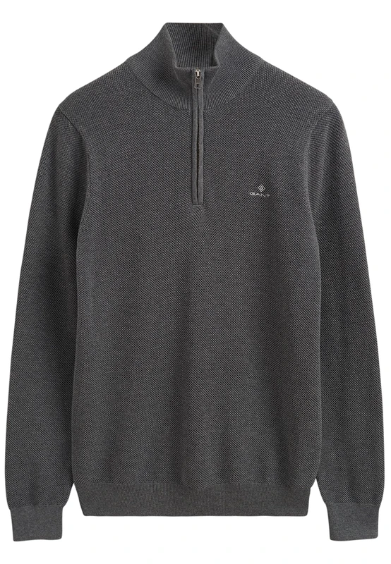 GANT Men's Cotton Pique Half Zip Pullover, Dark Grey Blend, L