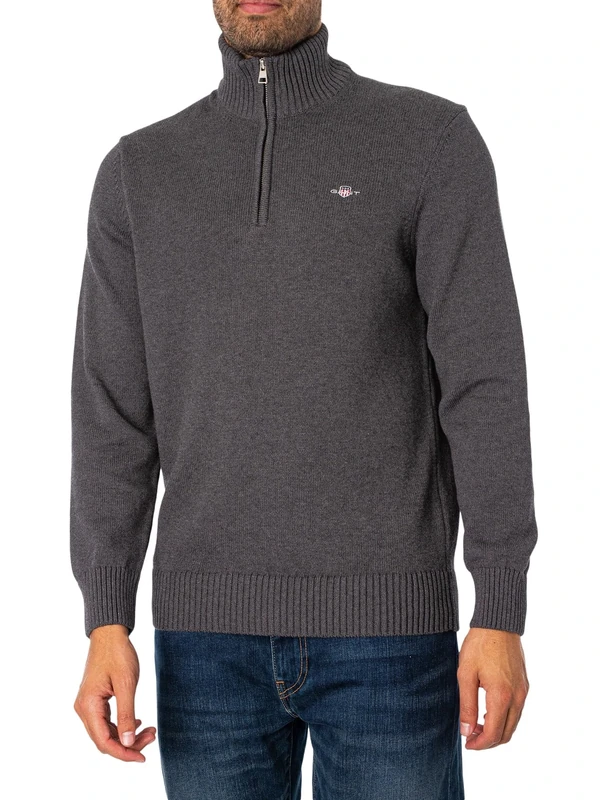 GANT Mens Cotton Half Zip Cream Sweater Charcoal XXL