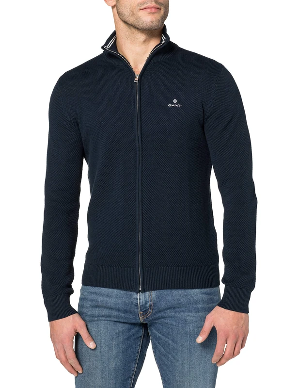GANT Men's Cotton Pique Zip Cardigan, Evening Blue, M