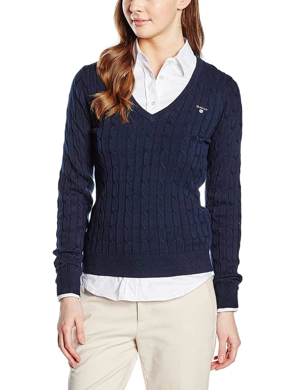 GANT Women's Stretch Cotton Cable V-Neck Pullover, Evening Blue, XL