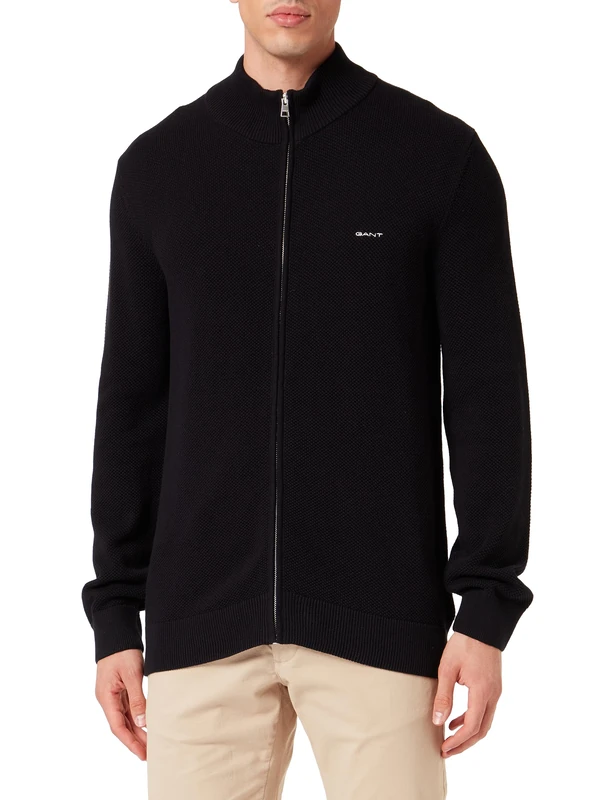 GANT Men's Cotton Pique Zip Cardigan, Black 1, S