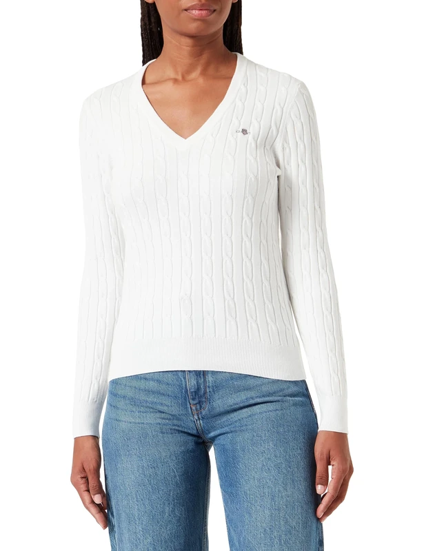 GANT Women's Stretch Cotton Cable V-Neck Pullover, Eggshell White, M