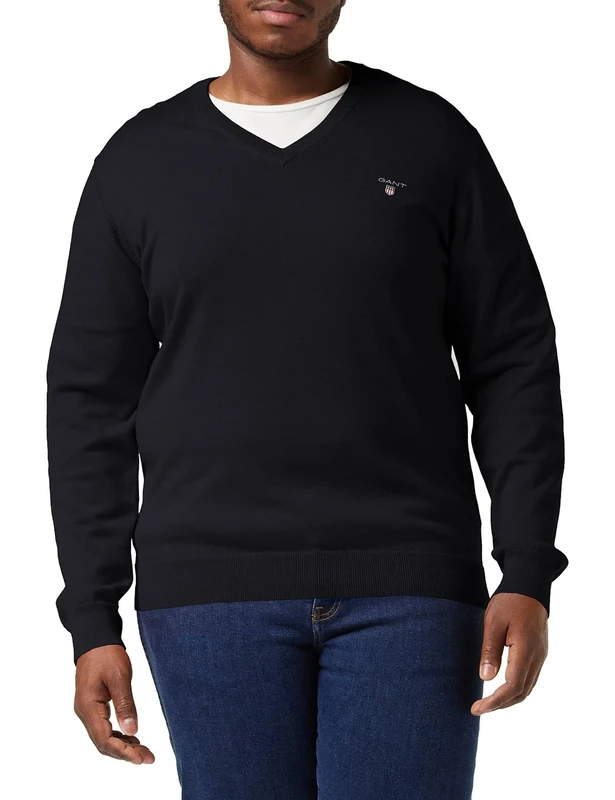 GANT Men's Classic Cotton V-Neck Pullover, Black, 4XL