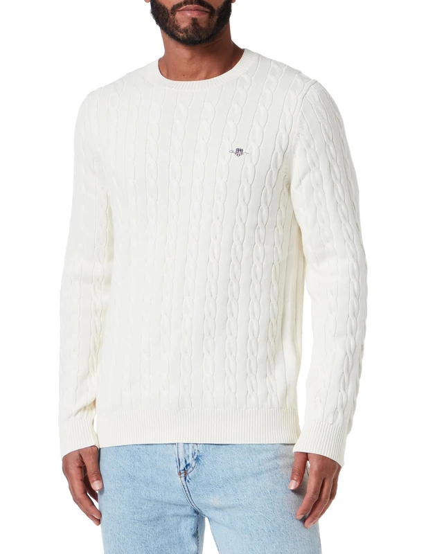 GANT Men's 8050601-130-S Cotton Cable C-Neck, Cream, S