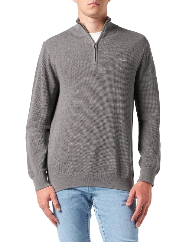 GANT Men's Cotton Pique Half-Zip Pullover, Dark Grey Melange, Standard, Dark Grey Blend, XXXL