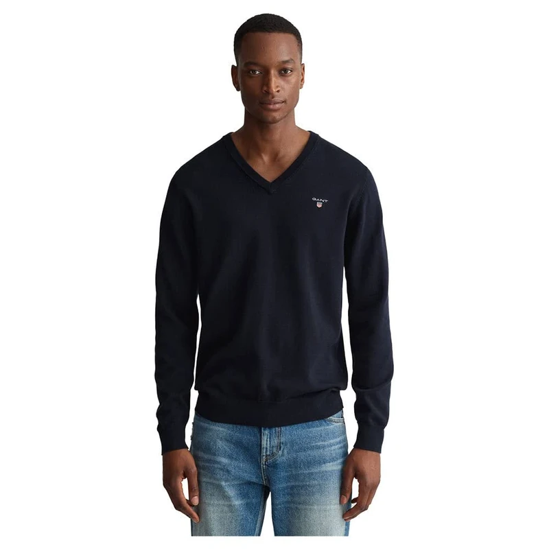 GANT Men's Classic Cotton V-Neck Pullover, Evening Blue, L