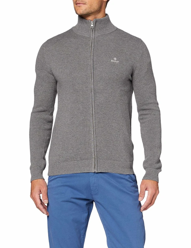 GANT Men's Cotton Pique Zip Cardigan Cardigan Sweater , Dark Grey Melange,4XL