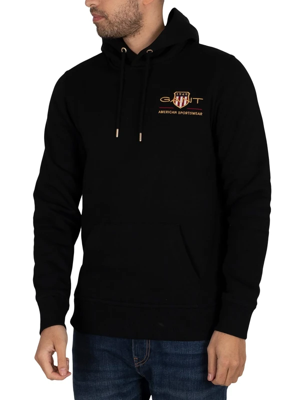 GANT Men's REG Archive Shield Hoodie, Black, Standard, black, S