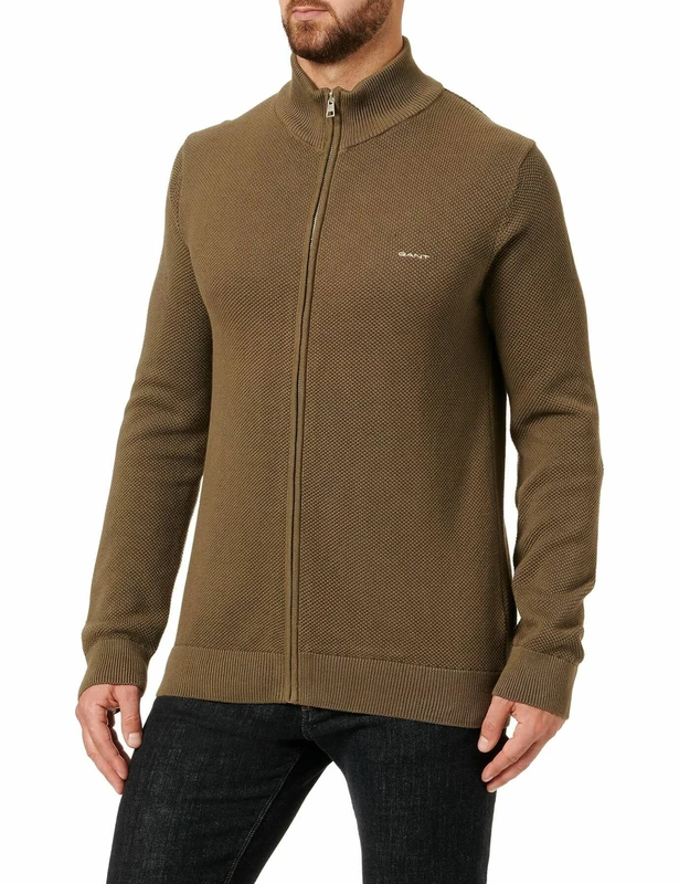 GANT Men's Cotton Pique Zip Cardigan, Racing Green, S
