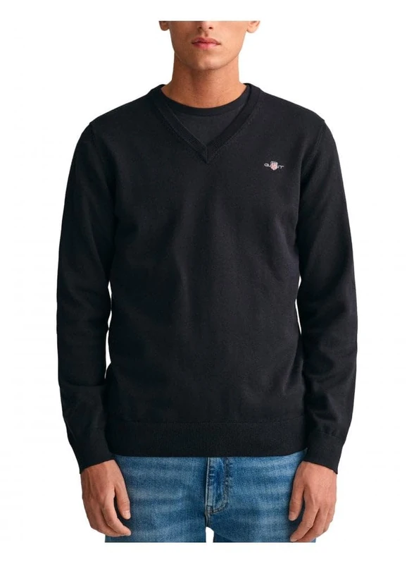 GANT Men's Classic Cotton V-Neck Jumper - Black, Size L