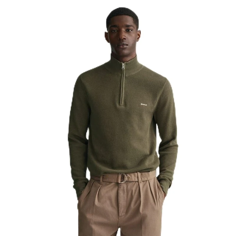GANT Men's Cotton Pique Half-Zip Jumper, Juniper Green, Standard, Juniper Green, S