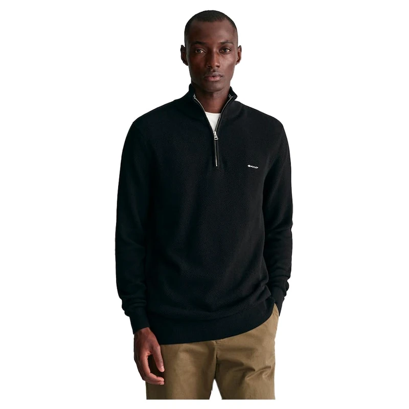 GANT Men's Cotton Pique Half-Zip Pullover, Black, Standard, black, XXL