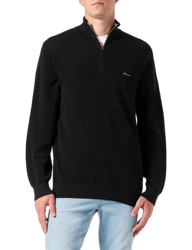 GANT Men's Cotton Pique Half-Zip Pullover, Black, Standard, Black, S