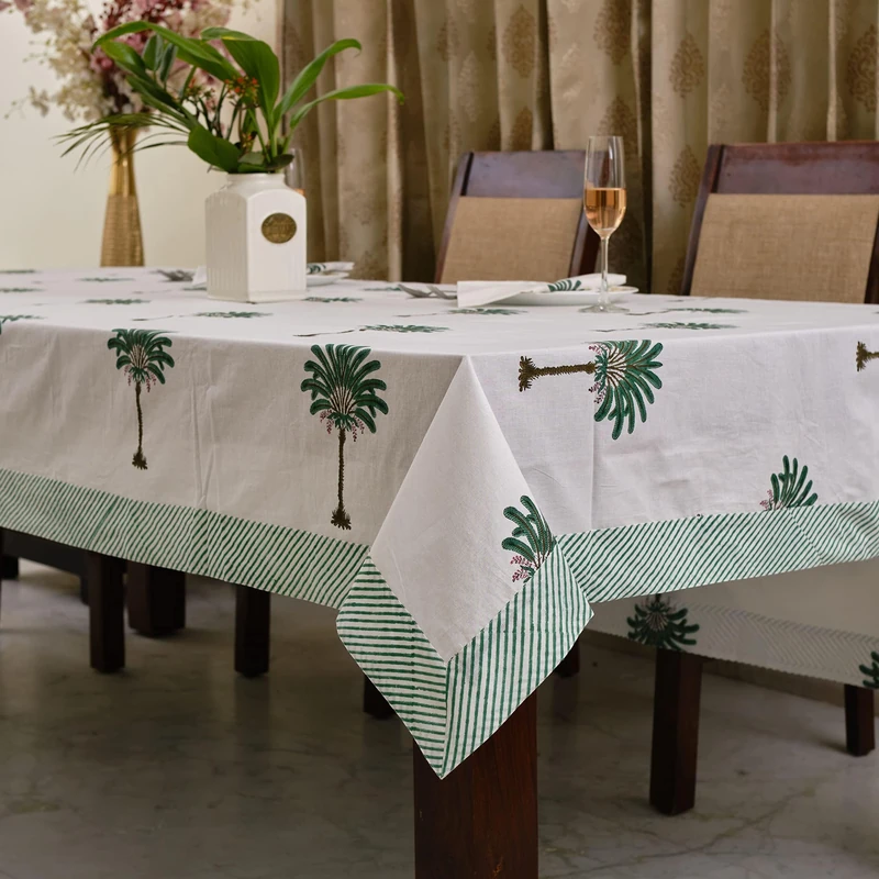 Ridhi Green Palm Hand Block Print Cotton Rectangle Tablecloth 160" x 72" inches Reusable Table Cover Decorative Everyday Use for Dining Room, Farmhouse, Home Gift for Spring, Mother's Day