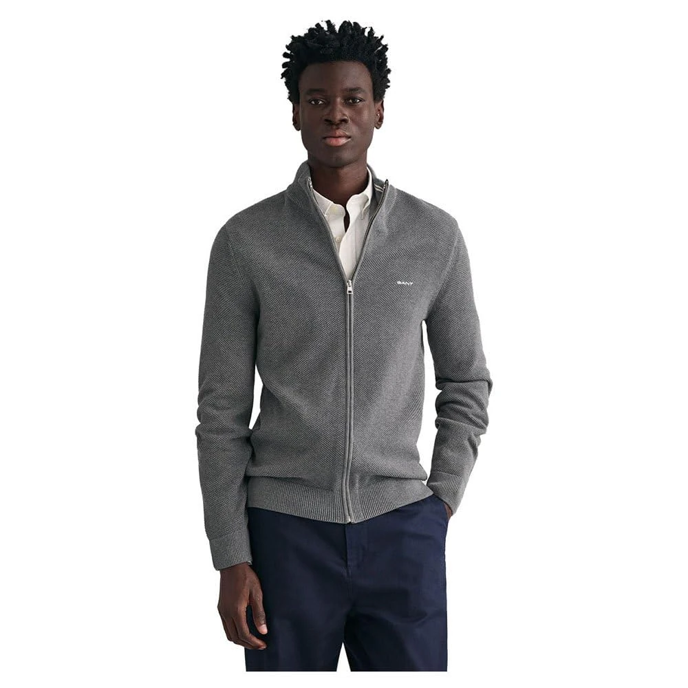 GANT Men's Cotton Pique Zip Cardigan Cardigan Sweater , Dark Grey Melange,5XL
